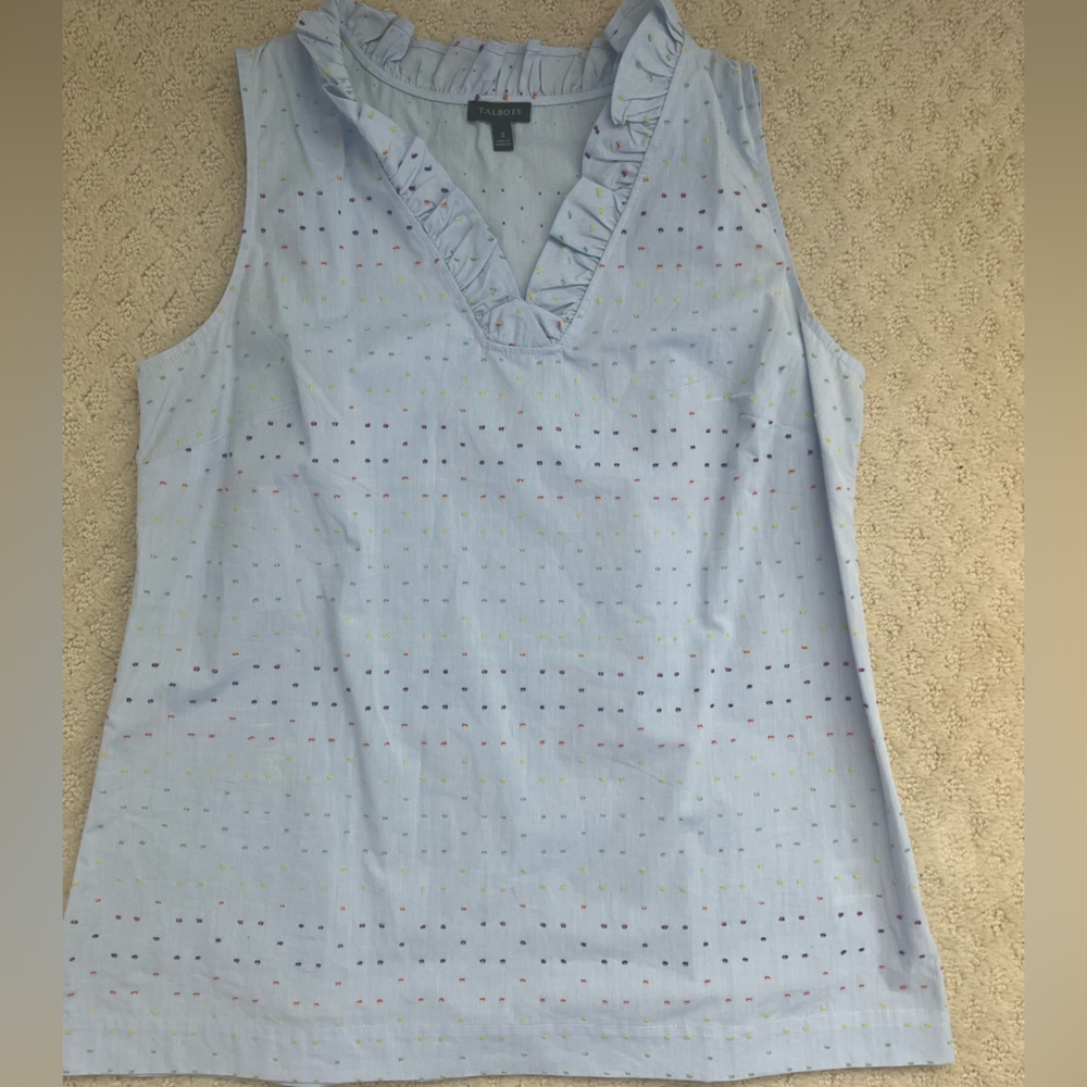 Talbots small light blue top with ruffled collar and zippered side